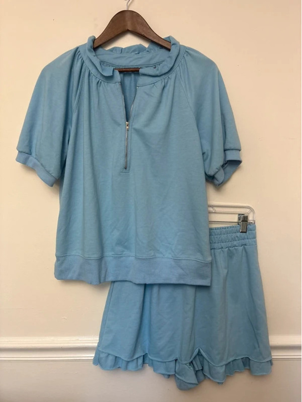 Blue Ruffle Half-Zip Sweatshirt Shorts Matching Lounge Set Medium